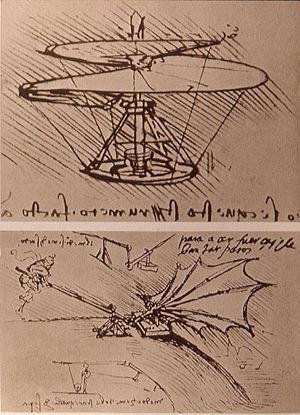 La vis aérienne (en haut), 1486, est considérée comme la base de l'hélicoptère, et le dessin du dessous représente l'expérience sur la force de levage d'une aile.  JPEG - 38.4 ko