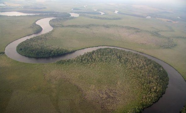 Au Gabon, ce fleuve fait son chemin par courbes et méandres, la composition géologique de ses rives étant complexe.  JPEG - 45.2 ko
