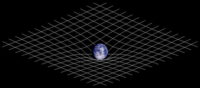 Influence d'une masse (ici, la Terre) sur l'espace-temps.  JPEG - 42.6 ko